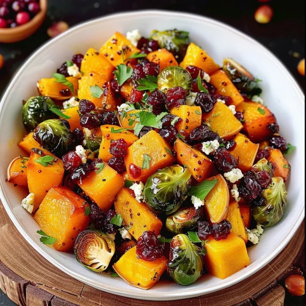 Cranberry-Glazed Roasted Butternut Squash, Brussels Sprouts, and Sweet Potato Salad