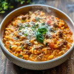 Ground Beef Orzo with Tomato Cream Sauce and Fresh Basil