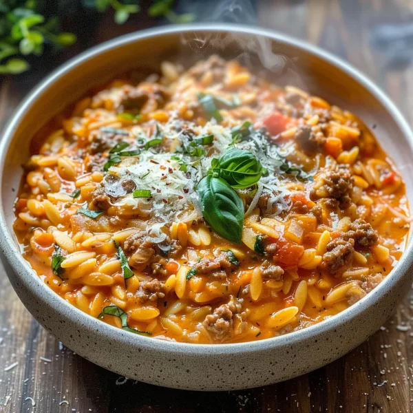 Ground Beef Orzo with Tomato Cream Sauce and Fresh Basil