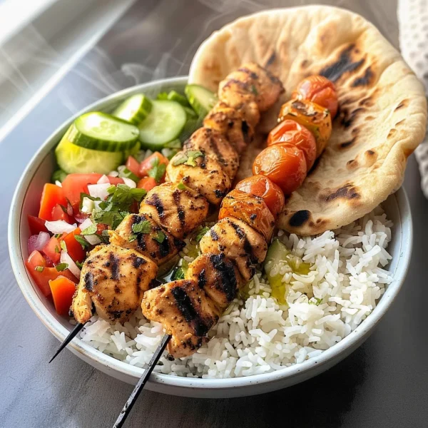 Mediterranean Bowl with Grilled Chicken Tawook Skewers
