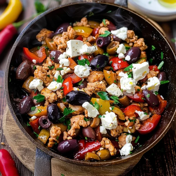 Mediterranean Keto Ground Chicken Skillet with Olives and Feta