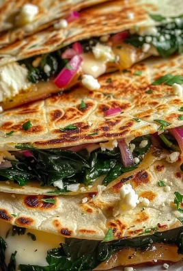 Mediterranean Quesadillas with Spinach Feta Mozzarella and Red Onion