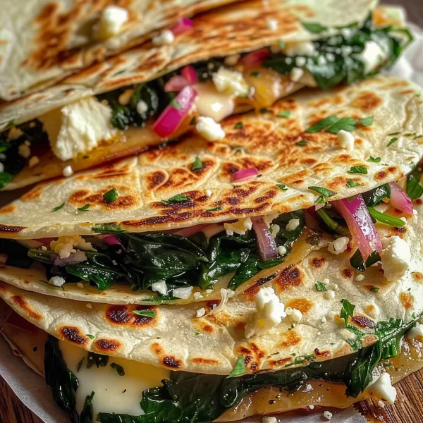 Mediterranean Quesadillas with Spinach Feta Mozzarella and Red Onion
