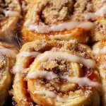 Peach Cobbler Cinnamon Rolls with Crumb Topping