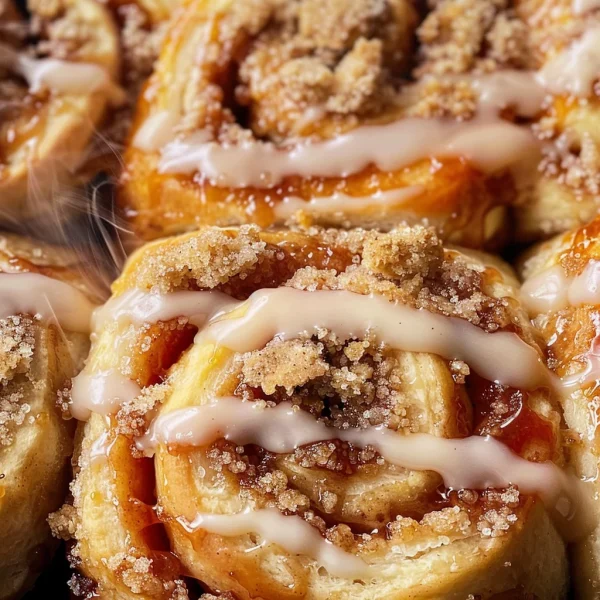 Peach Cobbler Cinnamon Rolls with Crumb Topping