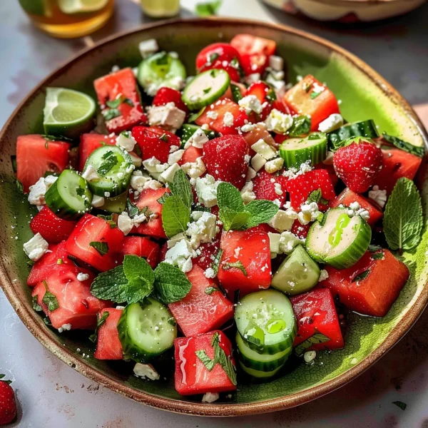 Watermelon Cucumber Salad with Strawberries and Feta