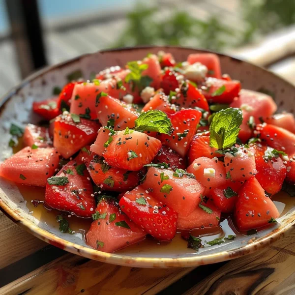Watermelon Salad With Strawberries & Honey Lime Dressing