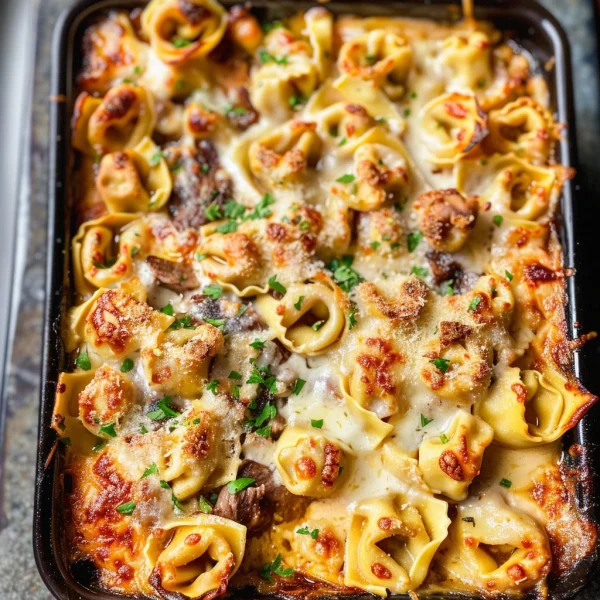 Golden Cheese Steak Tortellini Casserole