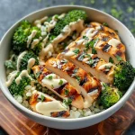 Grilled Chicken & Broccoli Bowls with Creamy Garlic Sauce