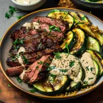 Grilled Steak Bowl with Creamy Sauce & Grilled Zucchini