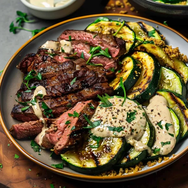 Grilled Steak Bowl with Creamy Sauce & Grilled Zucchini