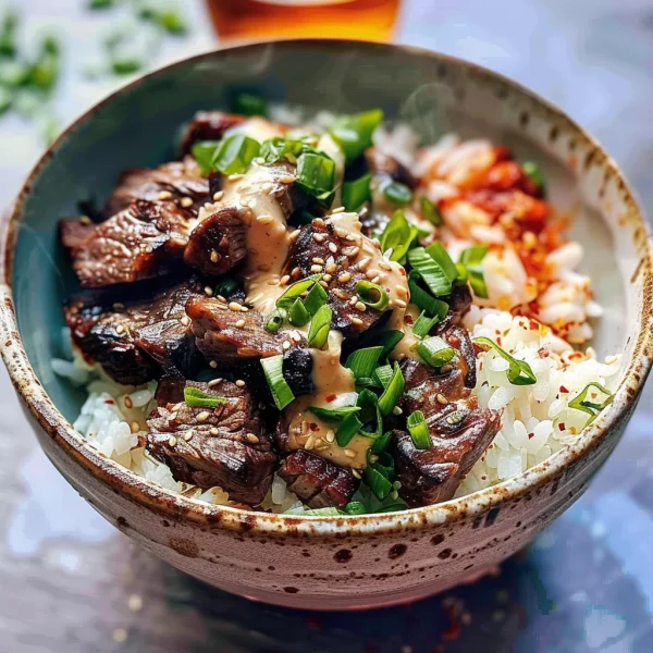 Korean BBQ Steak Rice Bowls with Spicy Cream Sauce