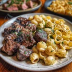 Steak Bites and Shell Pasta in Garlic Butter Alfredo Sauce