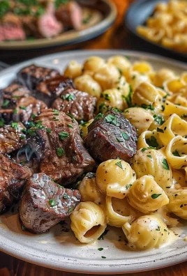 Steak Bites and Shell Pasta in Garlic Butter Alfredo Sauce