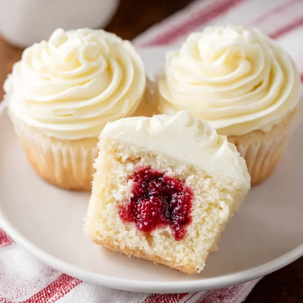 Almond Wedding Cake Cupcakes with Raspberry Filling