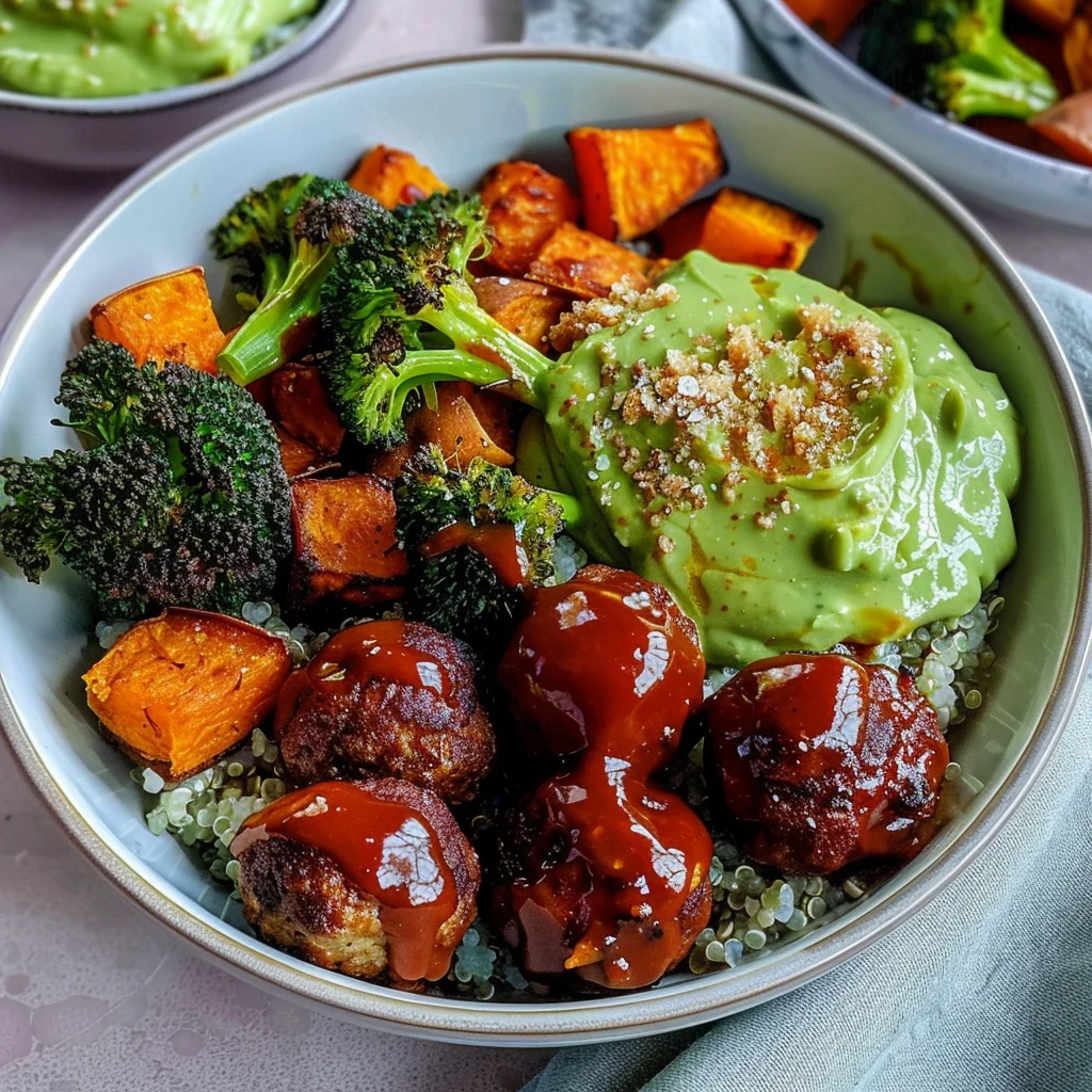 Barbecue Meatball Bowls with Avocado Goddess Sauce