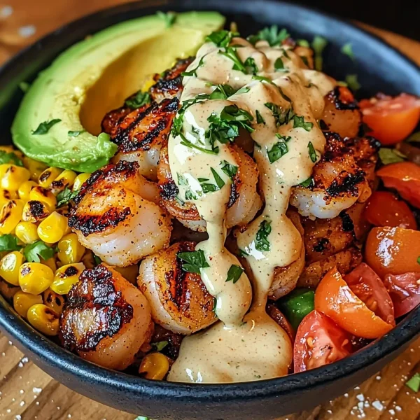 Grilled Shrimp Bowl with Avocado, Corn Salsa & Creamy Garlic Sauce: An Incredible 7-Ingredient Recipe