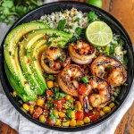 Grilled Shrimp Bowl with Avocado, Corn Salsa & Creamy Garlic Sauce