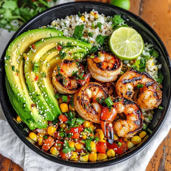 Grilled Shrimp Bowl with Avocado, Corn Salsa & Creamy Garlic Sauce