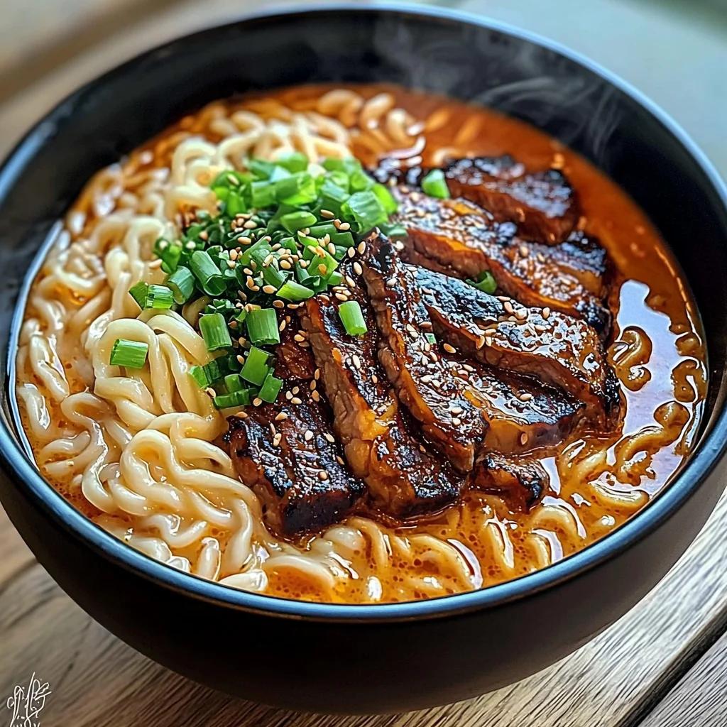 Spicy Korean Ramen with Grilled Beef & Creamy Sauce